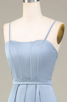 Laden Sie das Bild in den Galerie-Viewer, Staubblaues A-Linie Spaghettiträger Satin langes Brautjungfernkleid