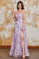 Laden Sie das Bild in den Galerie-Viewer, Wunderschönes Langes A-Linie Spaghettiträger Helllila Ballkleid mit Applikationen