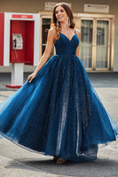Laden Sie das Bild in den Galerie-Viewer, Langes A-Linie Marineblaue Tüll Ballkleider mit V-Ausschnitt und Perlen
