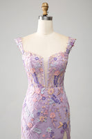 Laden Sie das Bild in den Galerie-Viewer, Mauve Schulterfreies Langes besticktes Meerjungfrauen Ballkleid mit Schlitz