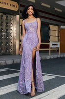 Laden Sie das Bild in den Galerie-Viewer, Meerjungfrauen Spaghettiträger Kleid Lila Langes Abendkleid mit Schlitz