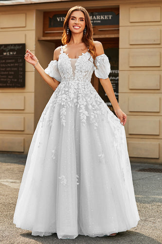 Weißes langes Brautkleid in A-Linie mit Puffärmeln und Applikationen