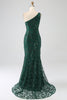Laden Sie das Bild in den Galerie-Viewer, Glitzerndes dunkelgrünes perlenbesetztes langes Meerjungfrauen Spitze Abendkleid mit Schlitz