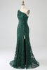 Laden Sie das Bild in den Galerie-Viewer, Glitzerndes dunkelgrünes perlenbesetztes langes Meerjungfrauen Spitze Abendkleid mit Schlitz
