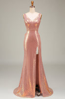 Laden Sie das Bild in den Galerie-Viewer, Funkelnd Blush Mermaid Ballkleid mit Schlitz