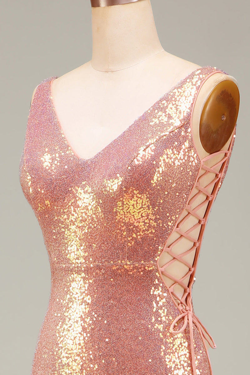 Laden Sie das Bild in den Galerie-Viewer, Glitzerndes Rosa Meerjungfrauen Ballkleid mit Schlitz