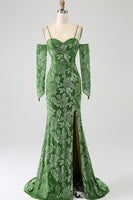 Laden Sie das Bild in den Galerie-Viewer, Meerjungfrau schulterfreies olive bedrucktes langes Ballkleid mit Schlitz