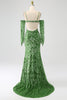Laden Sie das Bild in den Galerie-Viewer, Meerjungfrau schulterfreies olive bedrucktes langes Ballkleid mit Schlitz