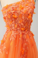 Laden Sie das Bild in den Galerie-Viewer, Orange langes Ballkleid aus A-Linie Tüll mit Applikationen