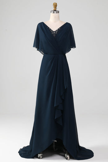 Marineblaues A-Linie Kleid mit V-Ausschnitt und asymmetrischen Pailletten Mutter der Braut mit Perlen