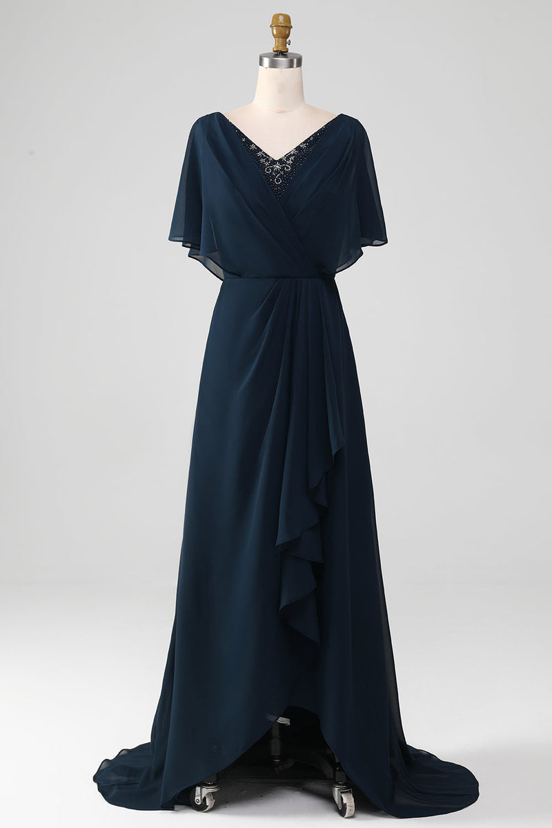 Laden Sie das Bild in den Galerie-Viewer, Marineblaues A-Linie Kleid mit V-Ausschnitt und asymmetrischen Pailletten Mutter der Braut mit Perlen