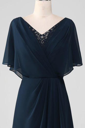 Marineblaues A-Linie Kleid mit V-Ausschnitt und asymmetrischen Pailletten Mutter der Braut mit Perlen