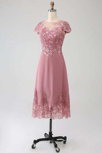 Dusty Rose A-Linie U-Ausschnitt Illusion Wadenlang Kleid für die Brautmutter mit Pailletten