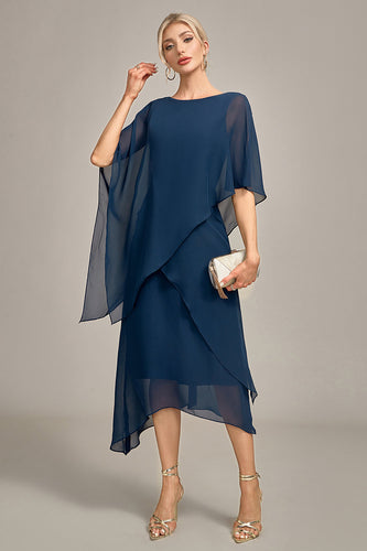 Marineblaues Chiffon Kleid für die Mutter der Braut in A-Linie mit U-Ausschnitt