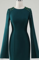 Laden Sie das Bild in den Galerie-Viewer, Dunkelgrünes Meerjungfrau Kleid mit Rundhalsausschnitt und perlenbesetzten Cape Ärmeln