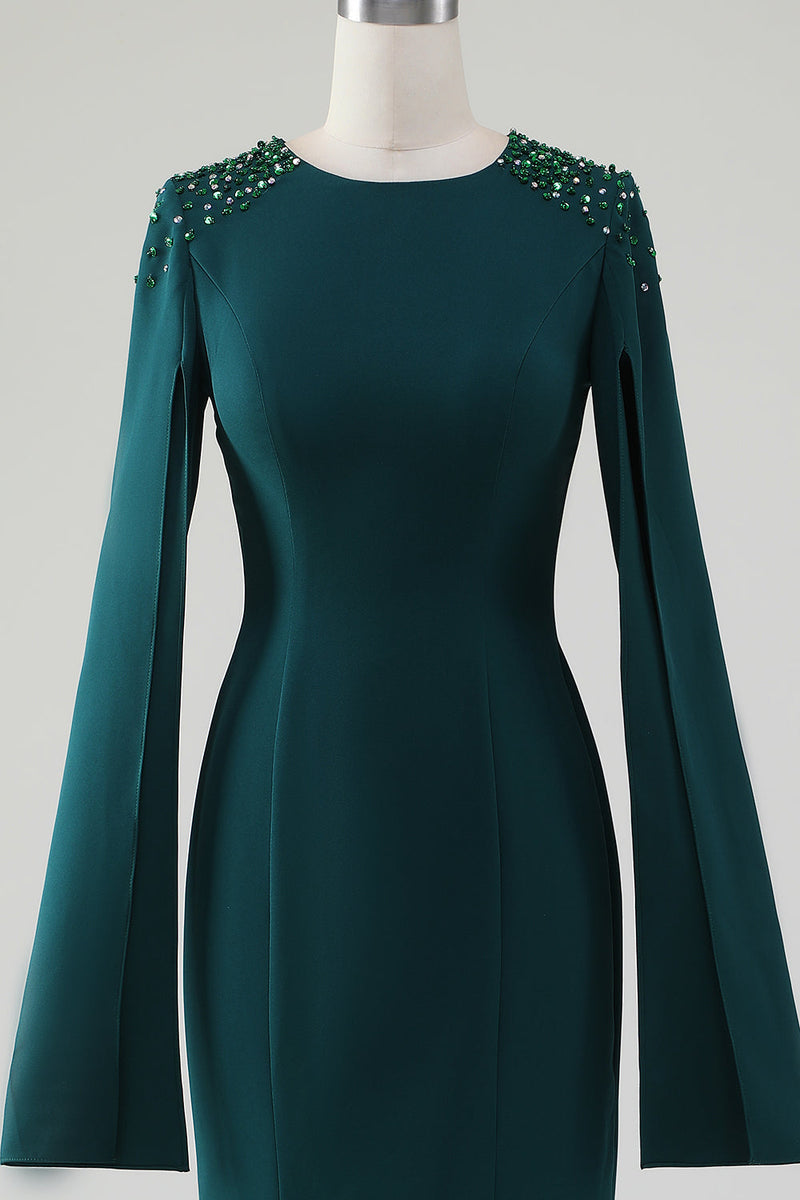 Laden Sie das Bild in den Galerie-Viewer, Dunkelgrünes Meerjungfrau Kleid mit Rundhalsausschnitt und perlenbesetzten Cape Ärmeln