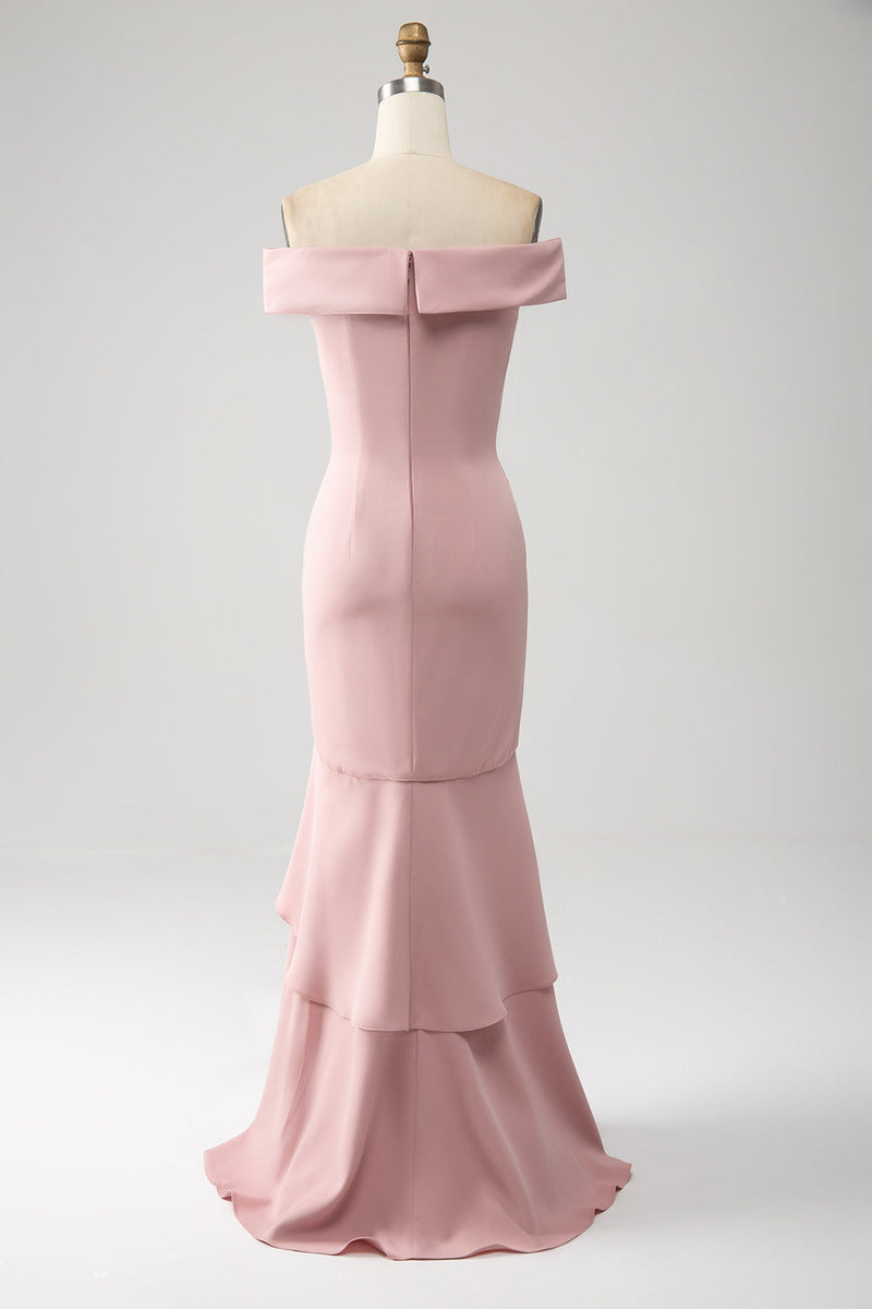 Laden Sie das Bild in den Galerie-Viewer, Rosa Meerjungfrau Asymmetrisches gerüschtes Mutter der Braut Kleid