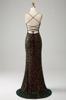 Laden Sie das Bild in den Galerie-Viewer, Glitzer Schwarze Spaghettiträger Pailletten Meerjungfrau Ballkleid mit Schlitz