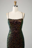 Laden Sie das Bild in den Galerie-Viewer, Glitzer Schwarze Spaghettiträger Pailletten Meerjungfrau Ballkleid mit Schlitz