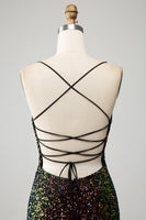 Laden Sie das Bild in den Galerie-Viewer, Glitzer Schwarze Spaghettiträger Pailletten Meerjungfrau Ballkleid mit Schlitz