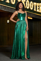 Laden Sie das Bild in den Galerie-Viewer, Glitzerndes dunkelgrünes Ballkleid in A-Linie mit Schlitz