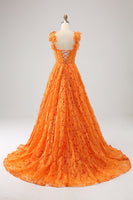 Laden Sie das Bild in den Galerie-Viewer, A-Linie Orange langes Ballkleid aus floraler