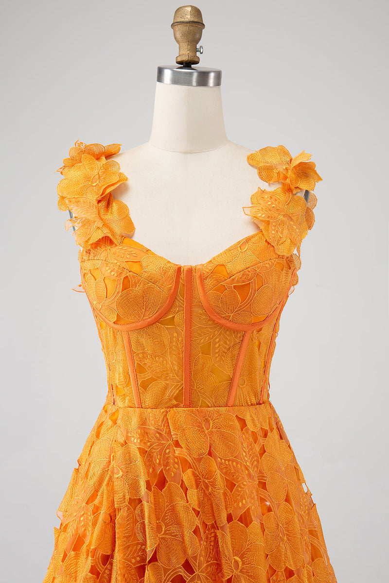 Laden Sie das Bild in den Galerie-Viewer, A-Linie Orange langes Ballkleid aus floraler
