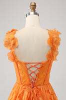 Laden Sie das Bild in den Galerie-Viewer, A-Linie Orange langes Ballkleid aus floraler