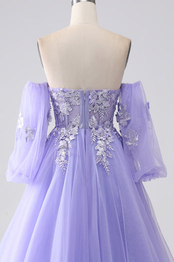 A-Linie Lavendel trägerloses Tüll Ballkleid mit Ärmeln