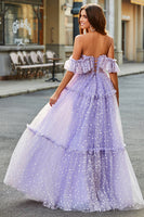 Laden Sie das Bild in den Galerie-Viewer, Schulterfreies lila Korsett in A-Linie Langes Ballkleid