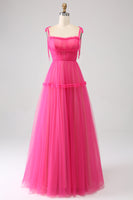 Laden Sie das Bild in den Galerie-Viewer, Fuchsia langes Tüll Ballkleid in A-Linie mit Rüschen