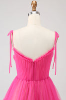 Laden Sie das Bild in den Galerie-Viewer, Fuchsia langes Tüll Ballkleid in A-Linie mit Rüschen