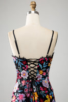 Laden Sie das Bild in den Galerie-Viewer, Schwarzes Blumen Meerjungfrauen Spaghettiträger langes Ballkleid mit Stickerei