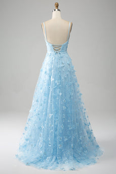 Himmelblaues Spaghettiträger Kleid mit glitzernden Perlen und 3D-Schmetterlingen