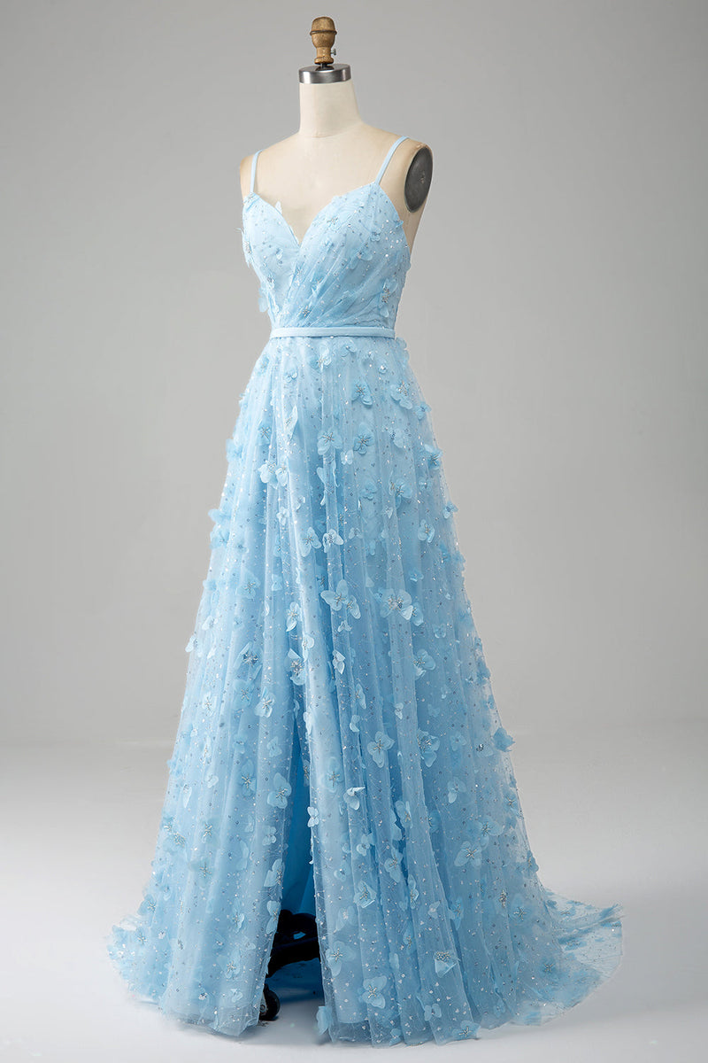 Laden Sie das Bild in den Galerie-Viewer, Himmelblaues Spaghettiträger Kleid mit glitzernden Perlen und 3D-Schmetterlingen