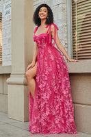 Laden Sie das Bild in den Galerie-Viewer, Spaghettiträger Fuchsia A-Linie Langes Ballkleid mit Schlitz
