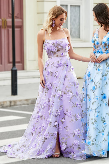 Wunderschönes A-Linie Lila langes Spaghettiträger Ballkleid mit 3D-Blumen