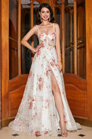 Laden Sie das Bild in den Galerie-Viewer, Besticktes langes Elfenbein Korsett Ballkleid mit blume und Schlitz