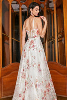 Laden Sie das Bild in den Galerie-Viewer, Besticktes langes Elfenbein Korsett Ballkleid mit blume und Schlitz