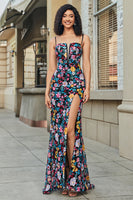 Laden Sie das Bild in den Galerie-Viewer, Schwarzes Blumen besticktes Meerjungfrauen Ballkleid mit Schlitz