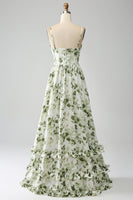 Laden Sie das Bild in den Galerie-Viewer, Grünes A-Linie Spaghettiträger bedrucktes plissiertes langes Ballkleid mit Schlitz