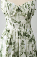 Laden Sie das Bild in den Galerie-Viewer, Grünes A-Linie Spaghettiträger bedrucktes plissiertes langes Ballkleid mit Schlitz