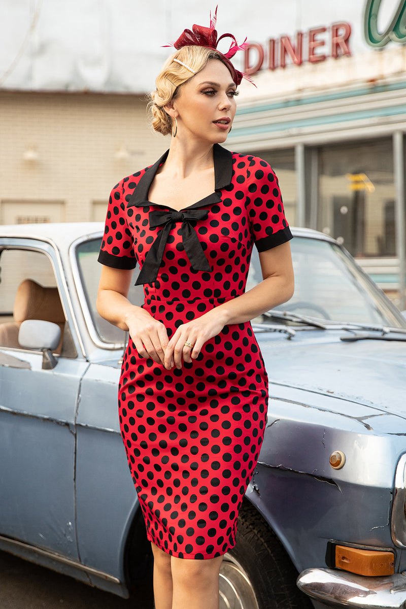Laden Sie das Bild in den Galerie-Viewer, Rote Polka Dots 1960er Jahre Kleid mit Schleife