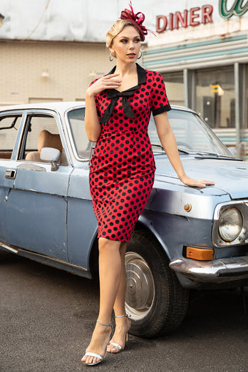 Rote Polka Dots 1960er Jahre Kleid mit Schleife