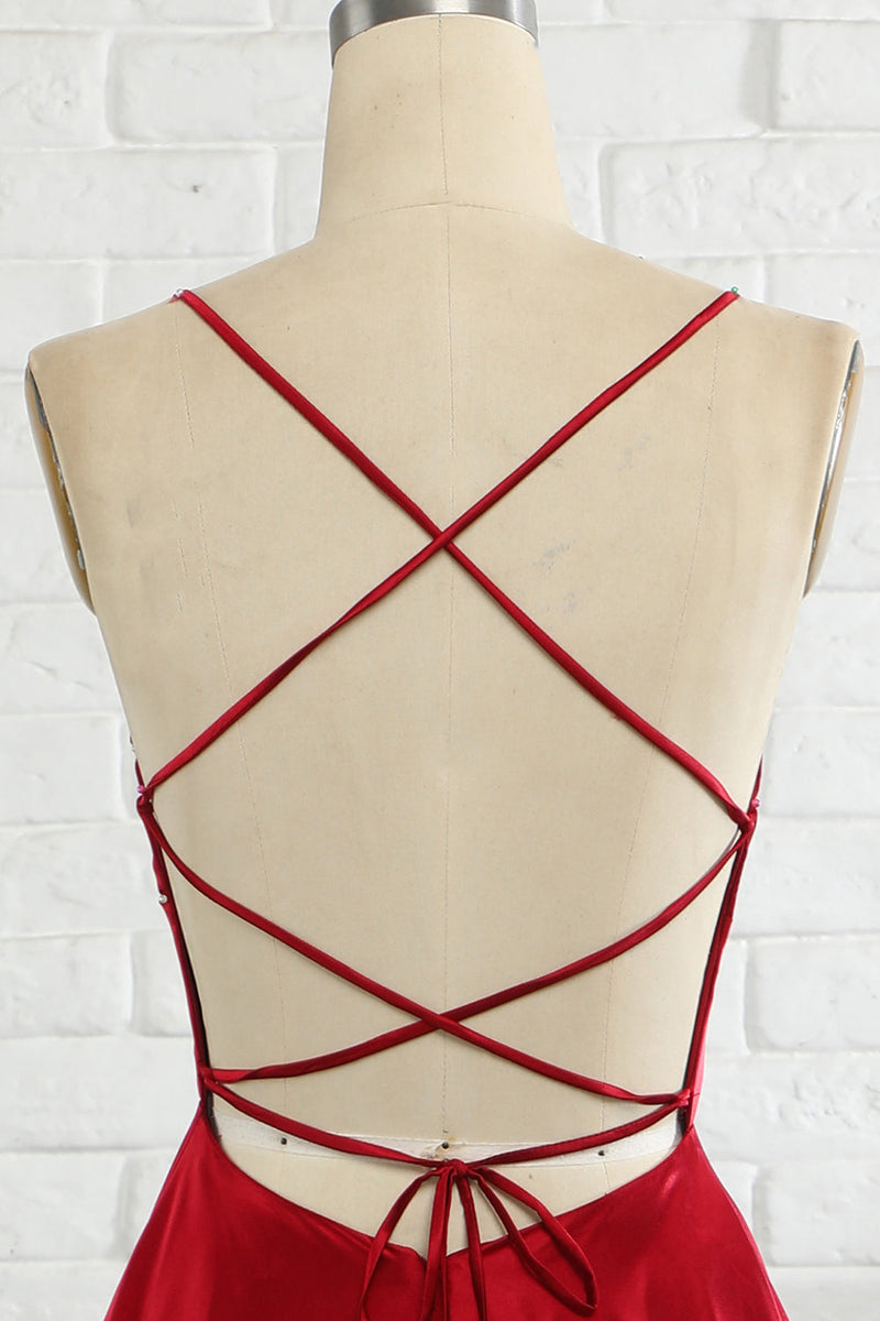 Laden Sie das Bild in den Galerie-Viewer, Einfaches A-Linie Spaghetti Träger Burgundy Langes Ballkleid mit Cirss Cross Rücken
