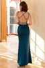 Laden Sie das Bild in den Galerie-Viewer, Scheide V Ausschnitt Pfau Blau Langes Brautjungfernkleid mit Criss Cross Rücken