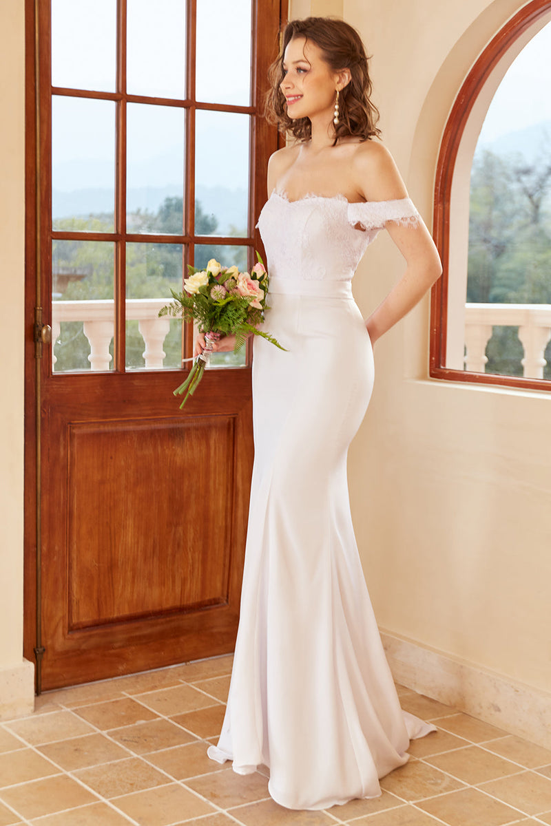 Laden Sie das Bild in den Galerie-Viewer, Meerjungfrau Schulterfreies Weißes Hochzeitskleid mit Spitze