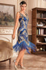 Laden Sie das Bild in den Galerie-Viewer, Blaues Pailletten Glitzer Flapper Kleid mit Fransen