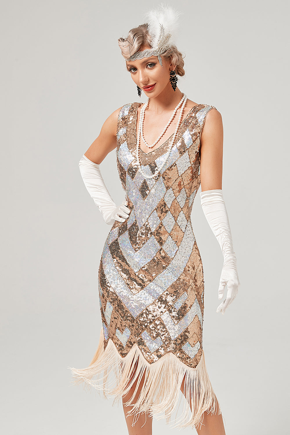 Goldene Pailletten 1920er Jahre Kleid mit Fransen