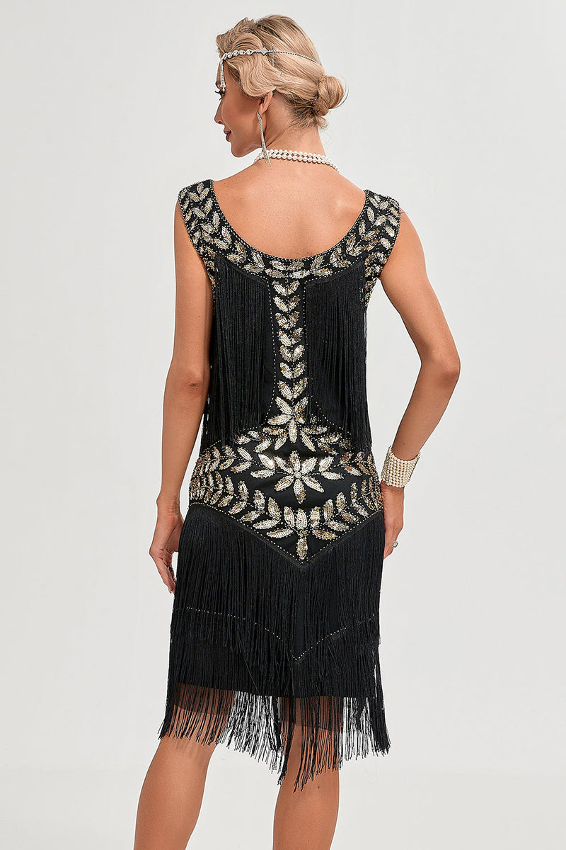Laden Sie das Bild in den Galerie-Viewer, Schwarzes Gatsby Flapper Kleid aus den 1920er Jahren mit Pailletten und Fransen